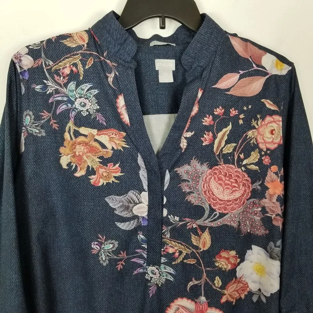 Chico's Women's No-Iron Stretch Flower Print Tunic Top Sz 18 Blue Casual‎ Office - Picture 2 of 8